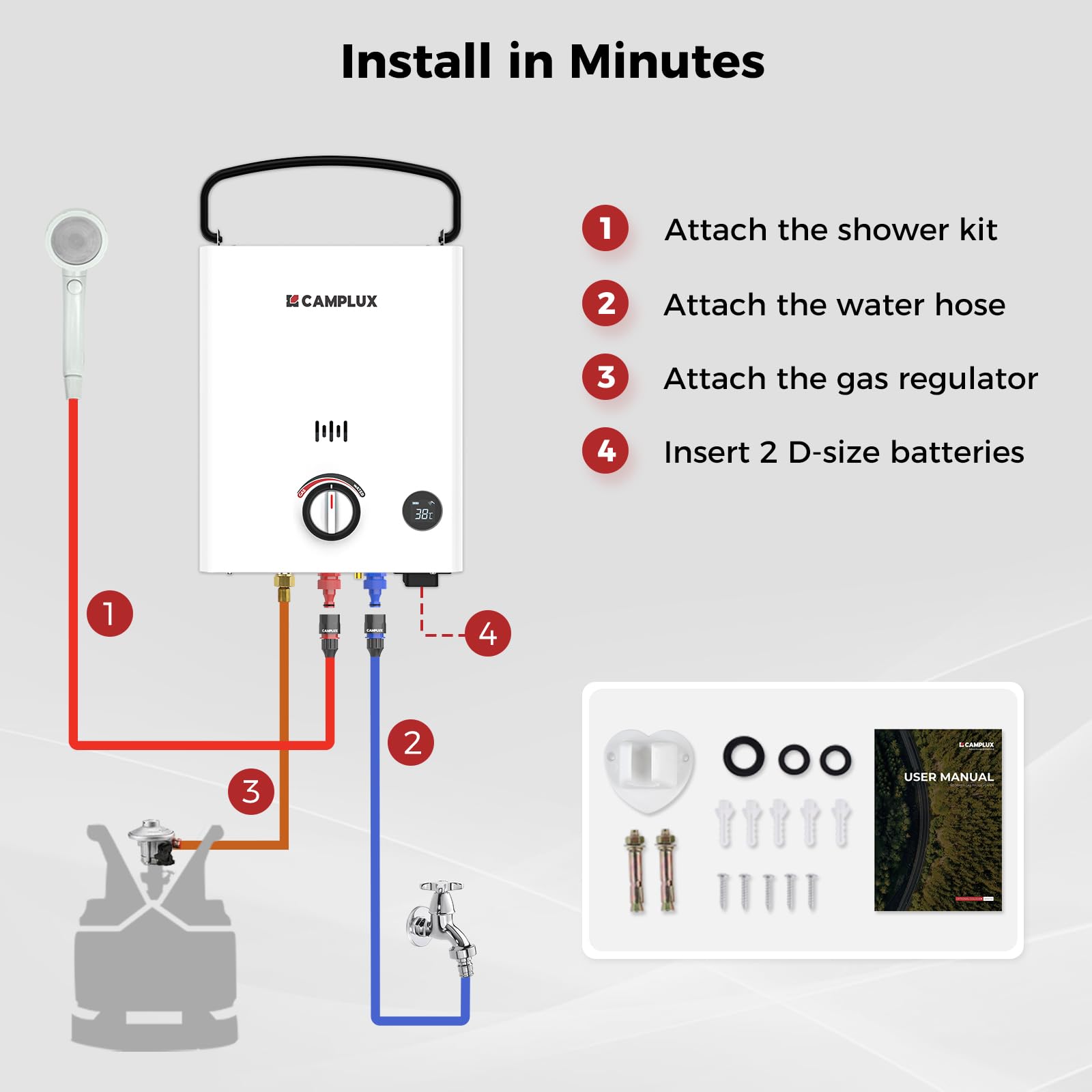 CAMPLUX First Chauffe-Eau à Gaz 5 Litres avec Poignée Réglable, pour Douche Extérieure/Camping/Caravaning, Butane (28-30 mbar)/ Propane (37 mbar), F5