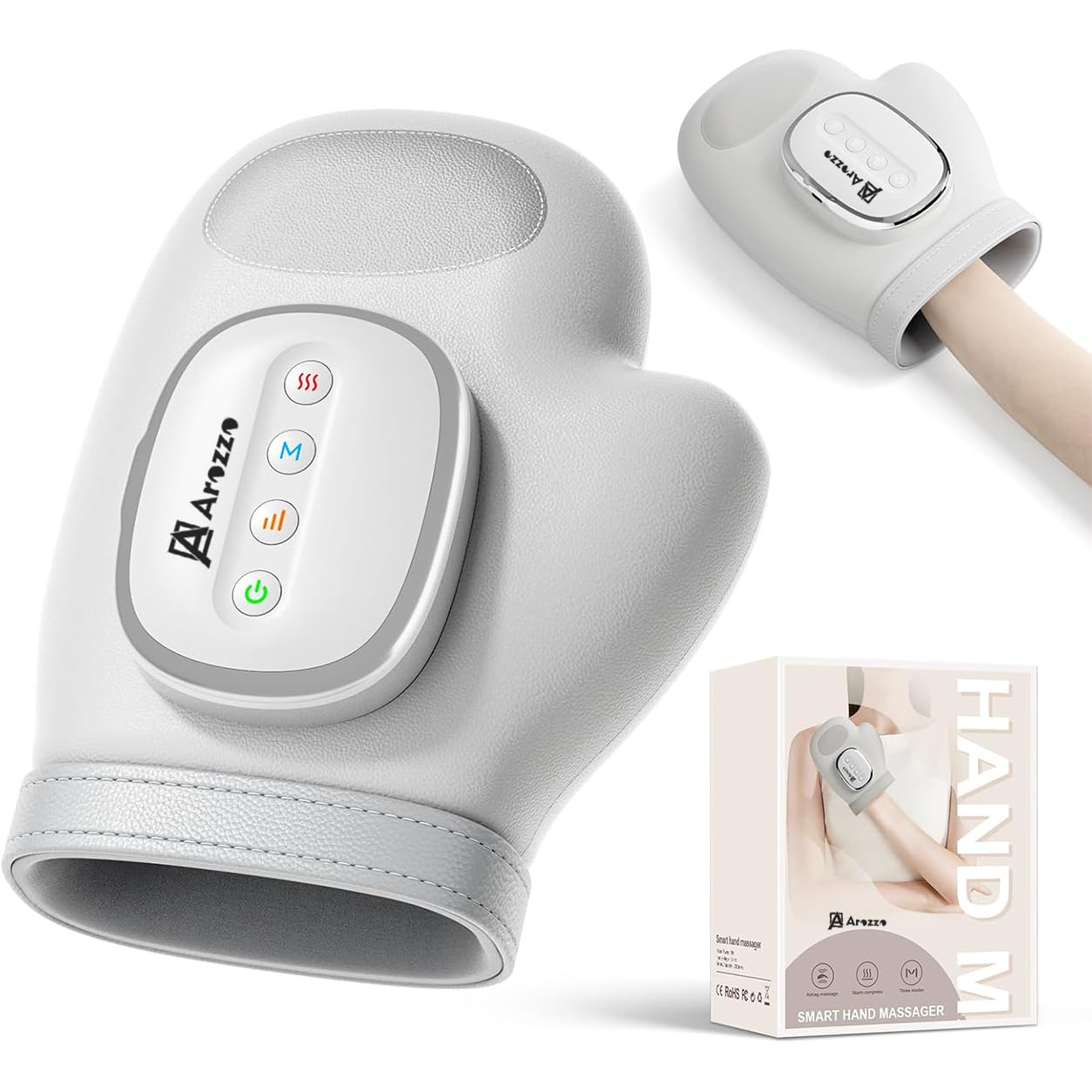 AROZZO CART Hand Massager with Heat & Compression - Wrap-Around Hand for Stress & Pain Relief - Arthritis & Carpal Tunnel Therapy - Cordless & Portable- 5 Massage Programs, 6 Intensity Levels- Finger , Wrist Relief and Knuckle Stretching Massage (A-1)