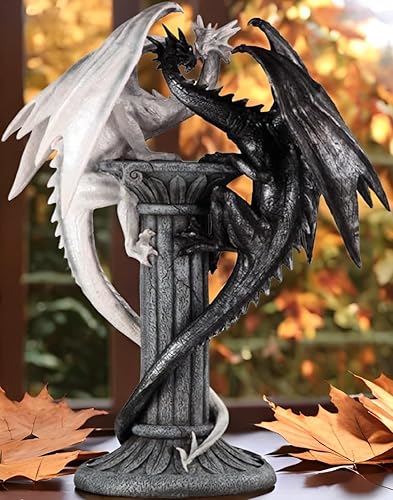Miniatura 7 de ICE Armor Estatua medieval de dragones blancos y negros de 19.5 pulgadas de alto, escultura grande, dragones gemelos en columna en blanco y negro,