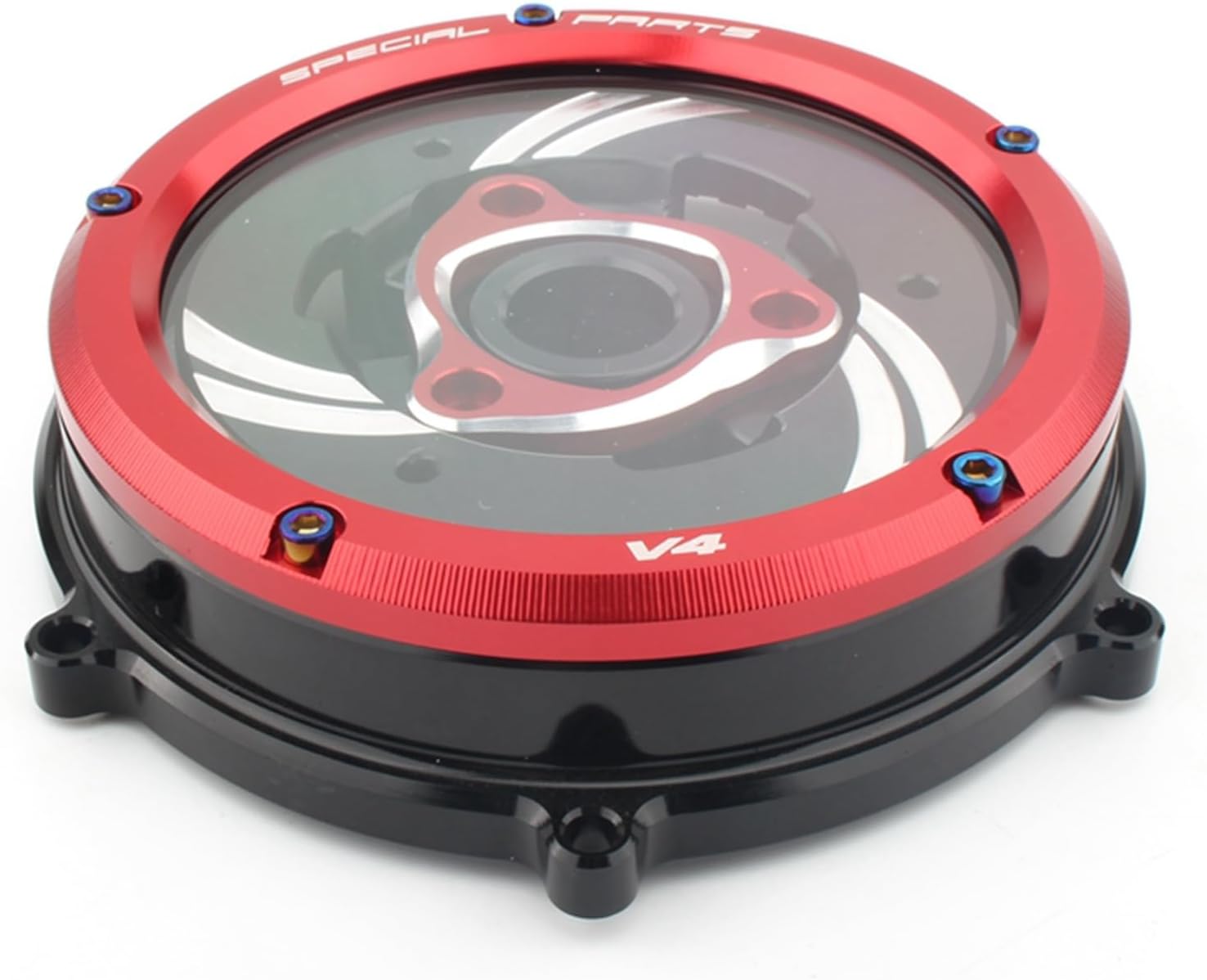 Racing Clear Clutch Cover&Spring Retainer For DUCATI PANIGALE V4, V4 S/STREETFIGHTER V4, V4 S 2019-2021 Black Base + Red Ring