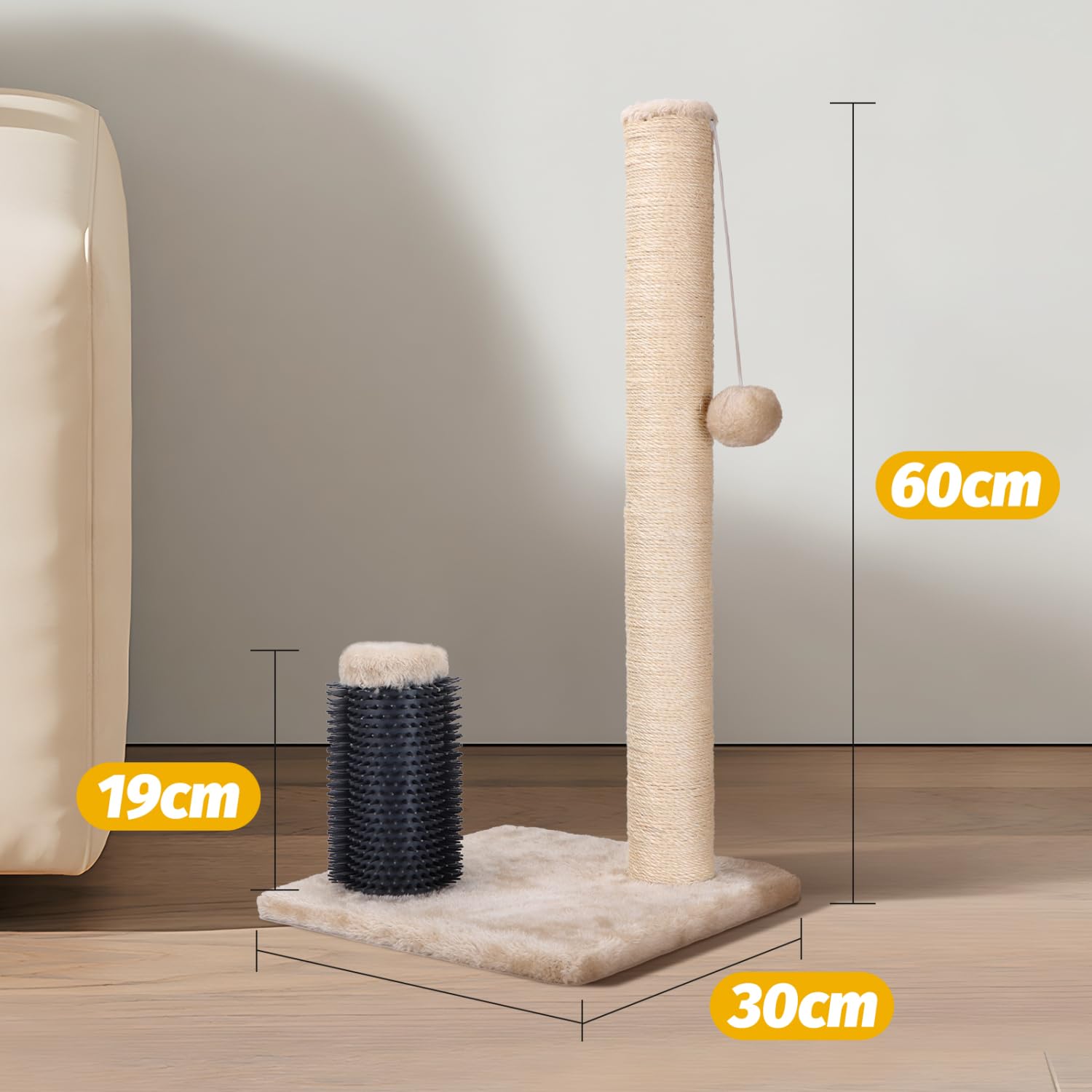 Nobleza Rascador para Gatos， Poste de Rascador para Gatos， Cuerda de Sisal Natural con Bolas Juguete y Peine de Silicona para Gatos， 60x30x30cm Color Beige