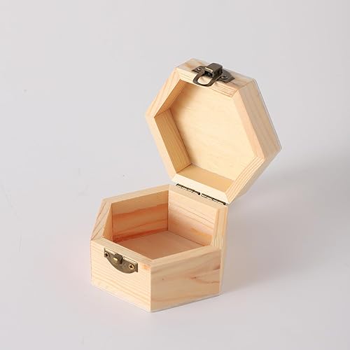 Miniatura 2 de 24 cajas de almacenamiento de madera hexagonal de pino vintage sin terminar, 3.8 x 3.3 x 2.2 pulgadas con tapas con bisagras y hebillas frontales