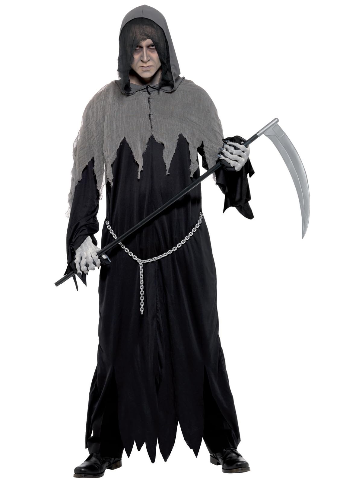 Smiffys Grim Reaper Robe Costume, Black with Hooded Robe & Chain, Halloween Adult Fancy Dress, Adult Dress Up Costumes