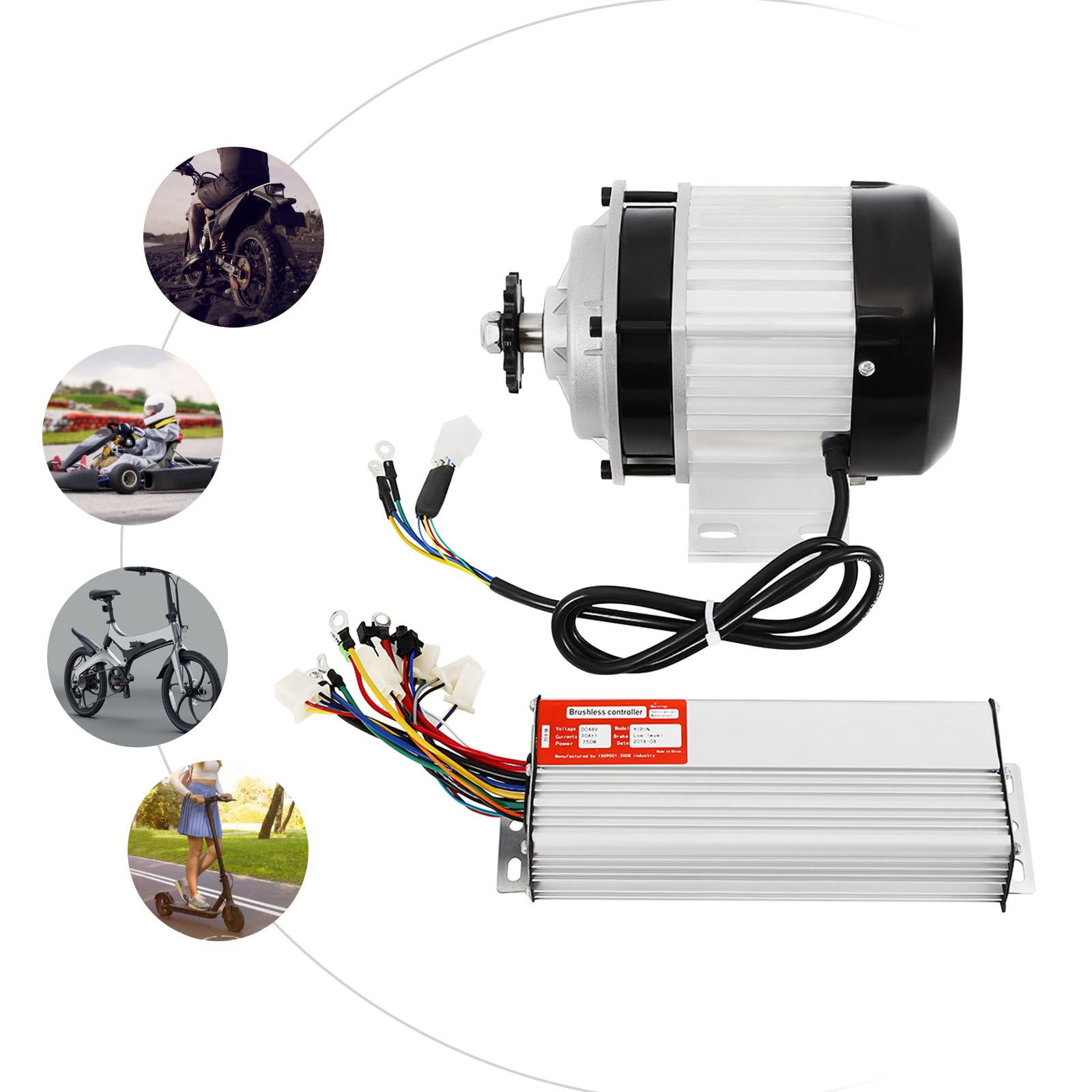 Moteur sans balais, 48V 750W Ensemble de moteur électrique sans balais avec contrôleur, Kit de moteur électrique sans balais à vitesse nominale réglable en trois étapes pour tricycles, vélos