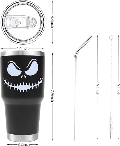 Miniatura 2 de Vaso de acero inoxidable de tres capas con aislamiento lindo Jack Skellington de 30 onzas con tapa y pajitas tazas de viaje tazas de café divertidas
