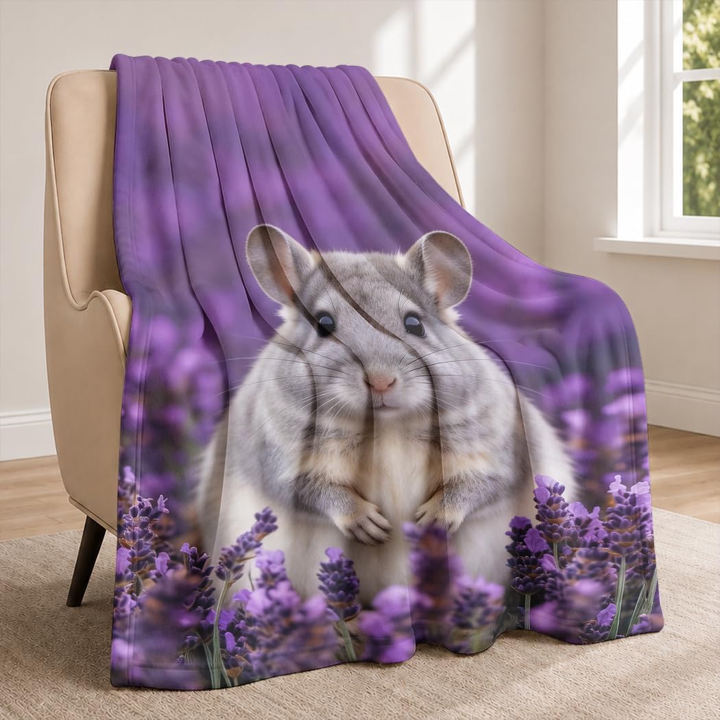 Chinchilla Throw Blanket with Purple Lavender Print for Girls Women, Super Soft Warm Lightweight Cozy Fleece Blanket Gifts for Exotic Pet Lovers, 50"x60" for Bedroom Sofa Home Decor image 2