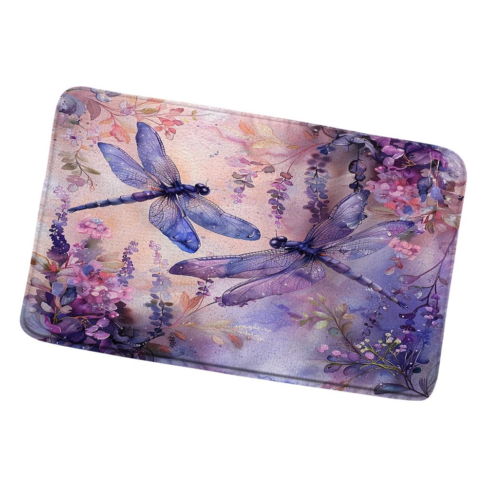 ZZYSKS Dragonfly Bath Mat Rustic Farmhouse Watercolor Floral Spring Purple Flowers Funny Bathroom Rugs Shower Mat Bedroom Kitchen Carpet24x47 Inch
