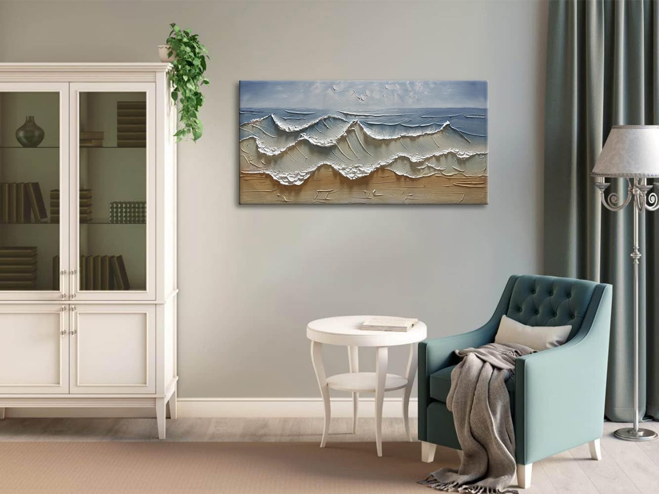 Slyart Abstract Blue Ocean Wave Wall Art, Textured Oil Painting on Canvas Relief Wall Art, 24" x 48" Abstract Modern Sea Artwork Wall, Neutral Wall Decor