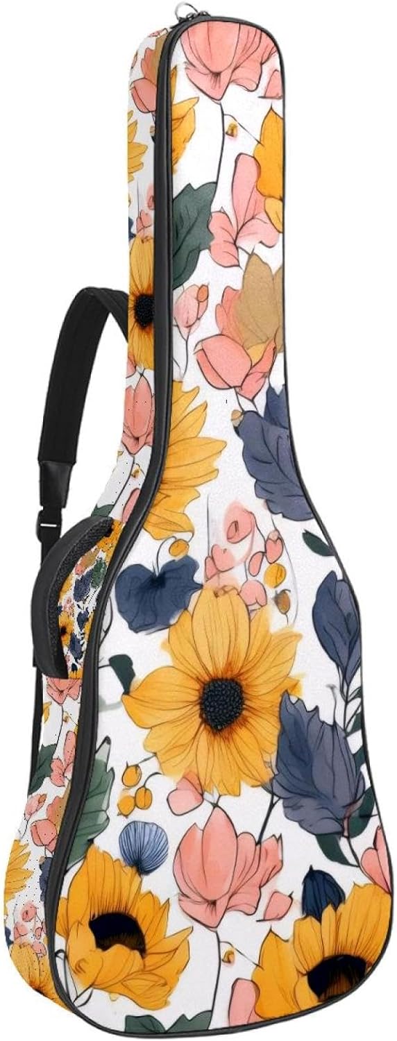 Acoustic Guitar Gig Bag 1 cm Thick Padding, Waterproof Electric Guitar Bag 40-42 Inch Guitar Case Backpack with Dual Shoulder Strap, Yellow Sunflowers Floral Pattern