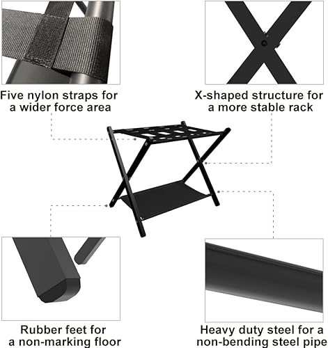 Miniatura 3 de Portaequipajes plegable para habitación de invitados, soporte plegable de metal para maleta con estante para dormitorio, negro, 1 paquete