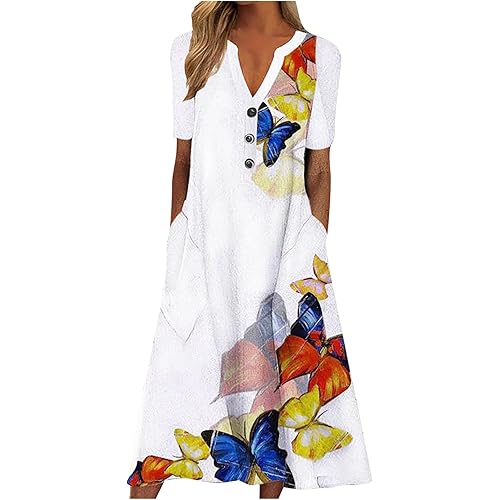 XUNRYAN 2023 Dresses Women Summer Casual Button Flowy Pleated Short Sleeve V-Neck Knee Length Midi Dress Beach Sundress