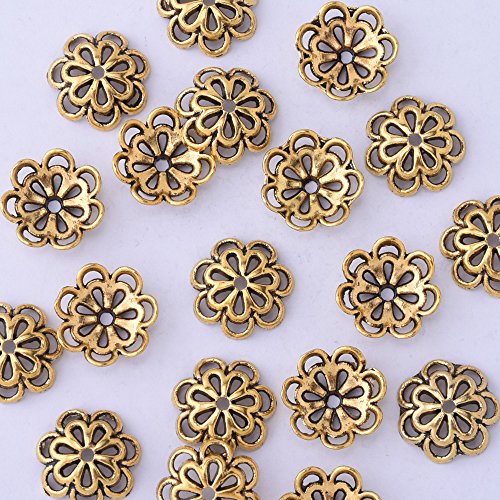 50 piezas de 12 mm hueco de flores vintage, tapa de cuentas de filigrana, tapa de extremo, espaciador de flores, cuentas de metal, oro antiguo Cover