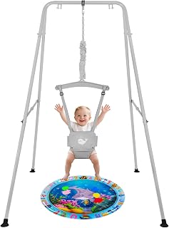 Baby Jumper with Stand for 6-24 Months, Baby Exerciser for Active Babies, Toddler Jumper Bouncers for Baby Girl/Boy with Adjustable Chain, Suitable for Indoor and Outdoor, Water Mat Included(Gray)