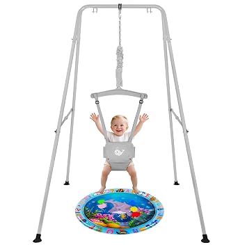Baby Jumper with Stand for 6-24 Months, Baby Exerciser for Active Babies | Toddler Jumper Bouncers for Baby Girl/Boy with Adjustable Chain, Suitable for Indoor and Outdoor, Water Mat IncludedGray