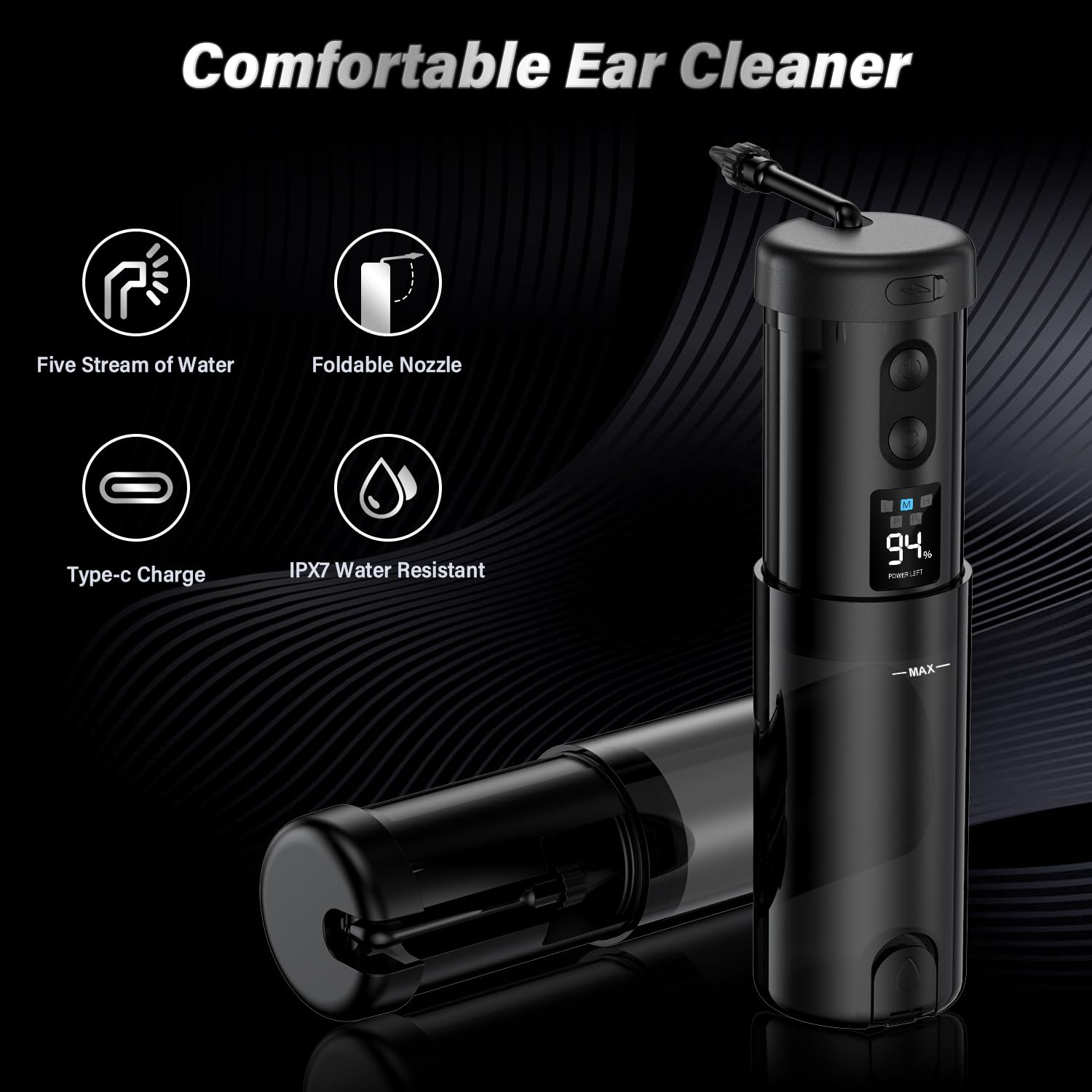 Rimuovi Cerume Pulitore Orecchie Lavaggio Orecchie Doccia Orecchio per Adulti - Pulitore Orecchie Elettrico 5 Modalità Display LCD IPX5 Dispositivo Pulizia Orecchie Ricaricabile Ear Cleaner