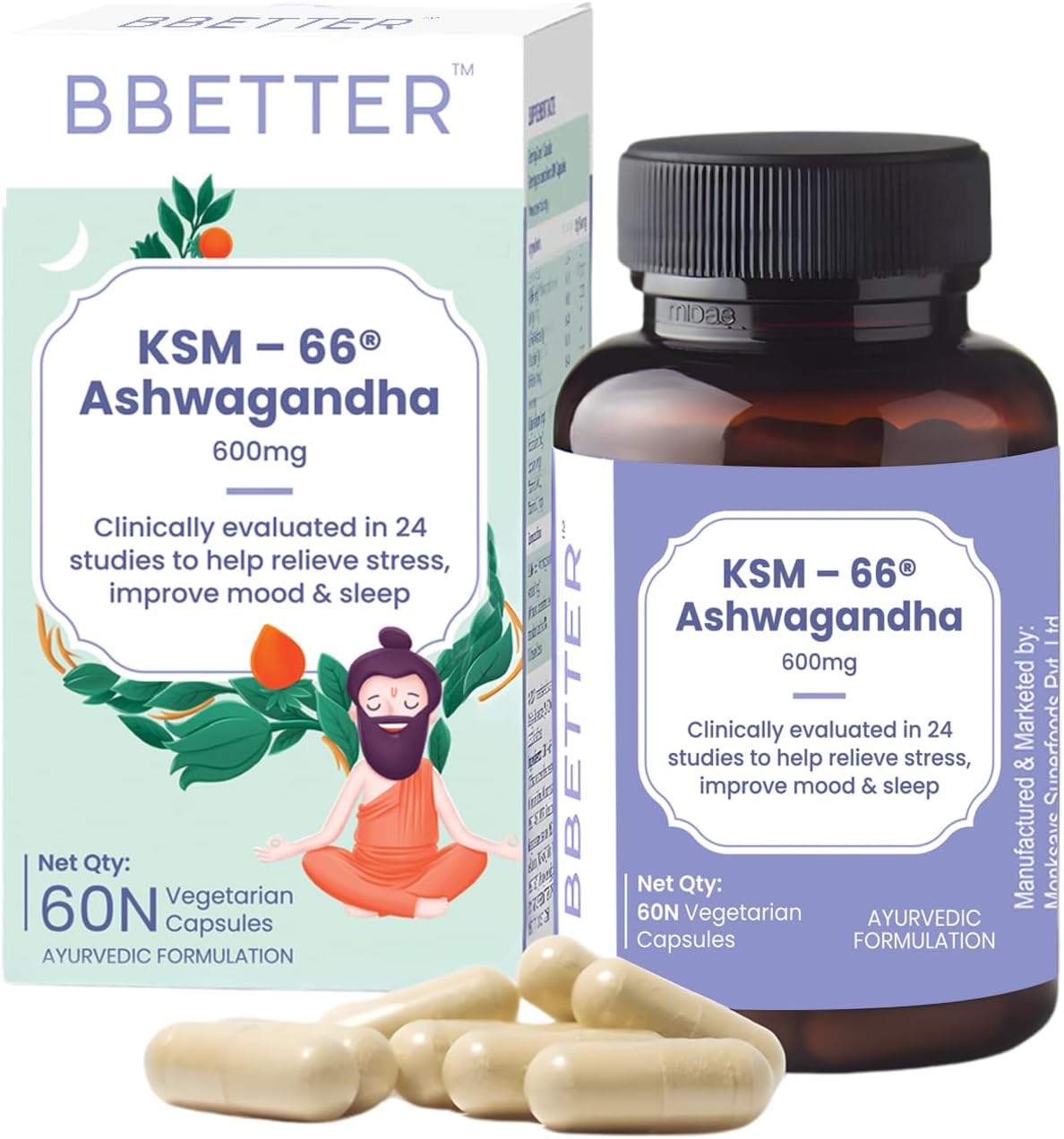 BBETTER KSM-66 Ashwagandha Capsules 600mg | Lab Tested | Lab Report Attached | Ashvagandha Tablet For Stress, Sleep Management & Anxiety Relief | Rejuvenates Mind & Body | 60 Veg aswagandha Capsules