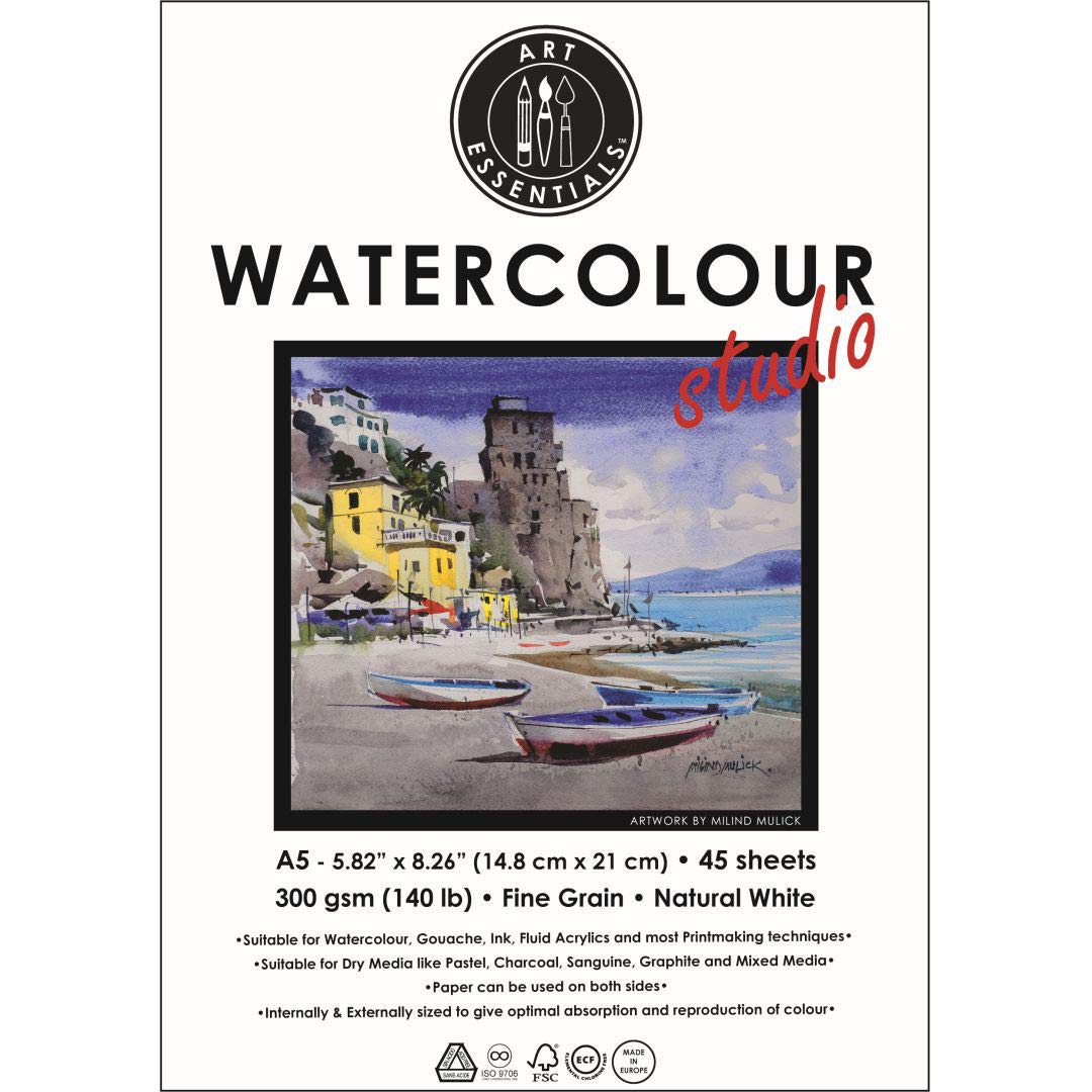 Art Essentials Watercolor Studio Natural White Medium Surface 300 GSM Paper, Pack of 45, A5, Acid Free Papers for Water Color, Gouache, Poster Colour, Ink, Acrylic, Mixed Media, Art Painting, Drawing (B07RM1GYGL) Amazon Price History, Amazon Price Tracker