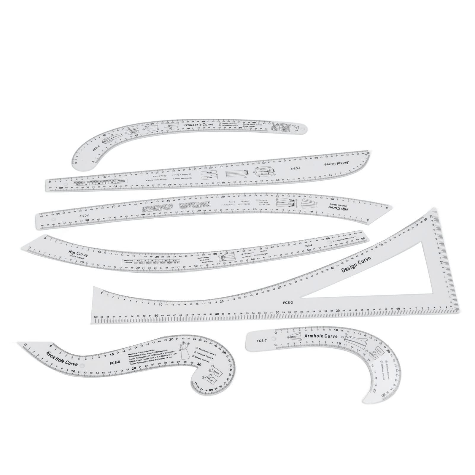Set di 7 righelli per cucire su misura Set di righelli per design di modelli di moda in scala ad alta precisione trasparenti per realizzare bozze di modelli