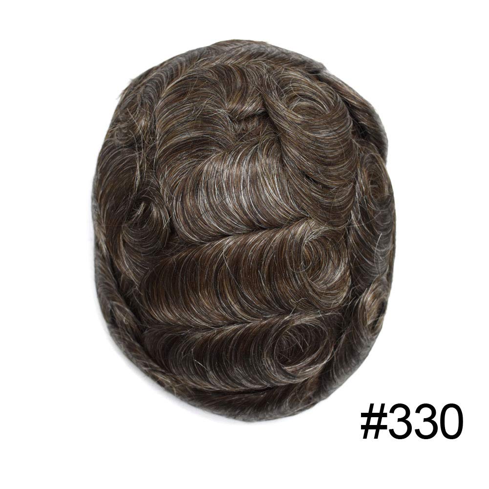 FACE MIRACLE Toupee for Men French Lace Mens Toupee Human Hair Replacement System Bleached Knots Hairpiece Skin PU Mens Wig Hair Prosthesis #330 3# DARK BROWN WITH 30% SYNTHETIC GREY