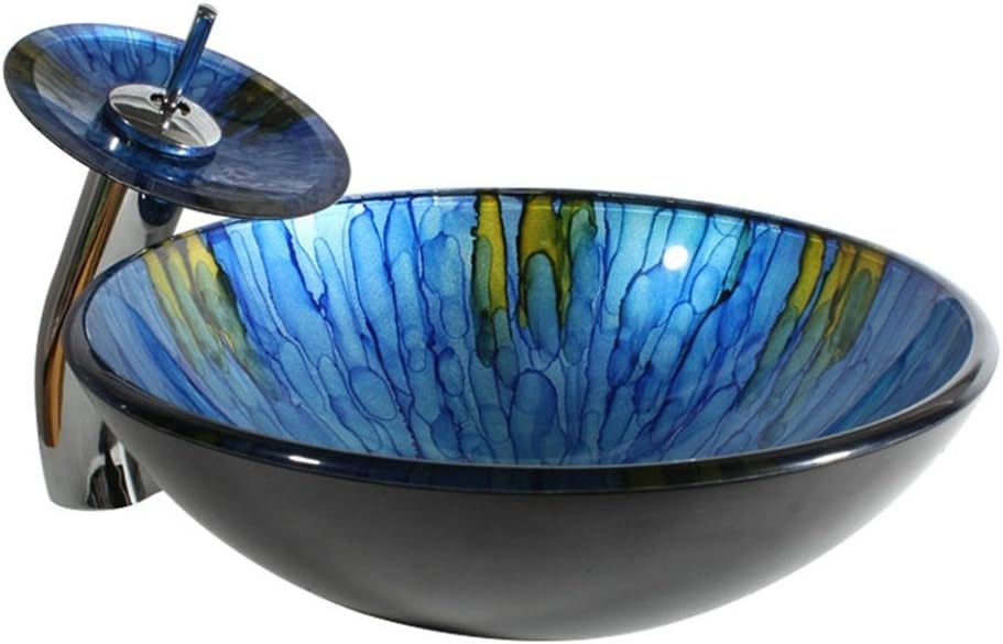 HomeLavaBathroom Round Blue Polished Tempered Glass Vessel Countertop Sink Basin Sink with Waterfall Faucet Mounting Ring and Water Drain Set