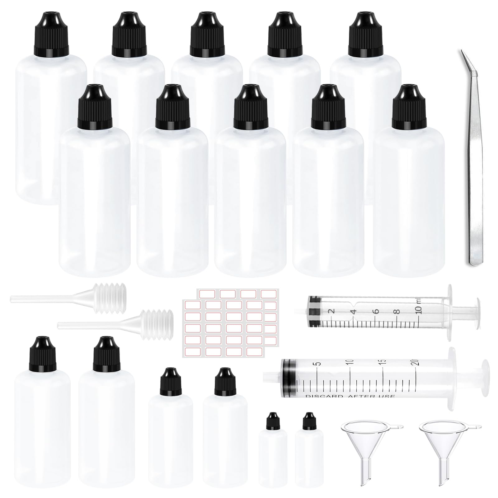 25 Piezas Botellas para Líquido Cuentagotas de Plástico, Gotero Líquido Uentagotas del Frasco con Etiquetas Embudos Pipetas, Botella Dispensadoras Botes Vacíos de Plástico para Aceite Líquido