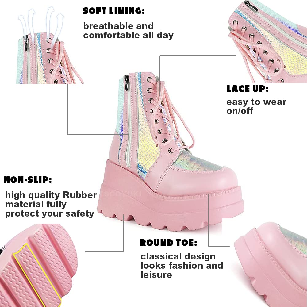 Tscoyuki Platform Ankle Boots for Women Chunky High Heel Booties Goth Round Toe Combat Boots Women Lace Up Motorcycle Wedges: 10 3-pink