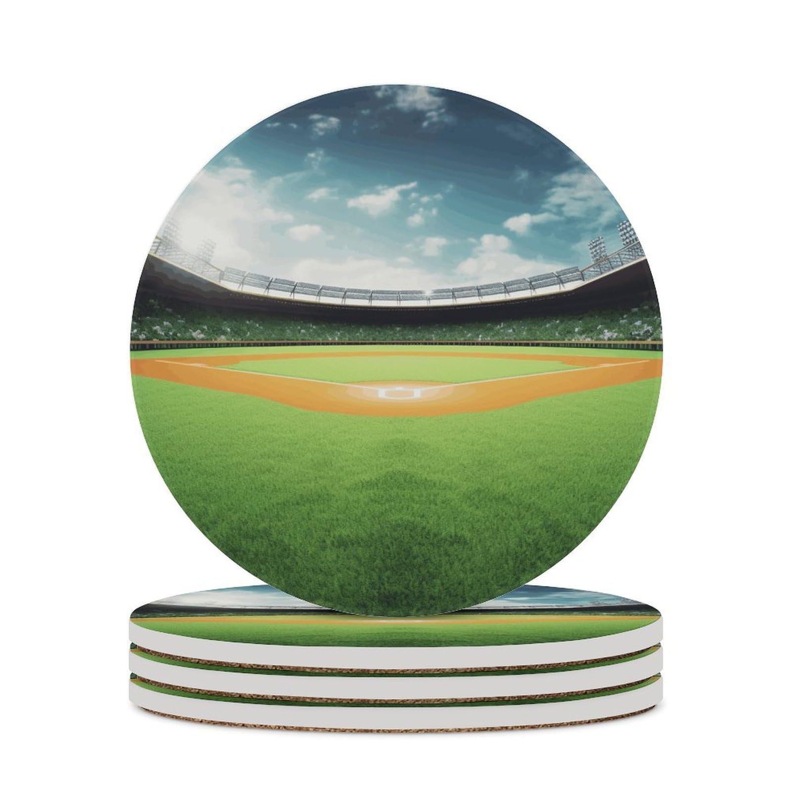 Green Baseball Field Backdrop Coasters for Drinks Absorbing Round Ceramic Stone Coaster with Cork Base Coffee Cup Beverage Table Cup Mat Modern Style Bar Coaster Set for Home Decor