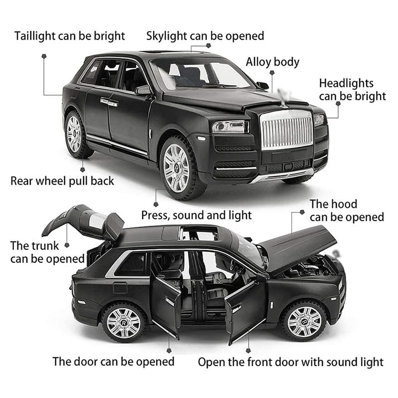 Image of Kids Model 1:24 RR Cullinan Die Cast Metal Car Pull Back Action Opening Doors with Realistic Engine Sound Lights Toy Car Gift for Boys - Black