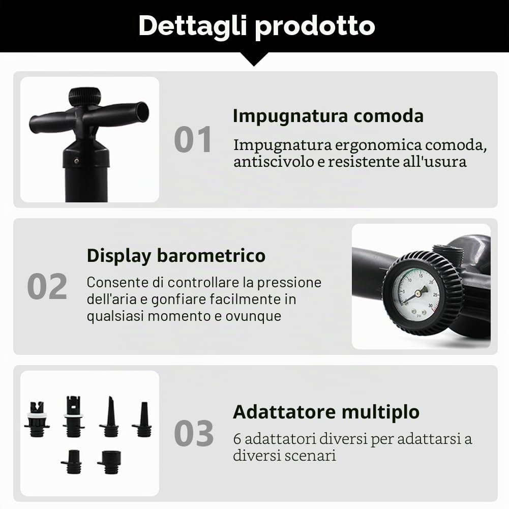 Pompa manuale a doppia azione, max. 1,8 bar (26 PSI), pompa manuale SUP, pompa ad aria manuale con manometro, pompa ad alta pressione con 6 ugelli per letti ad aria, kayak, tenda