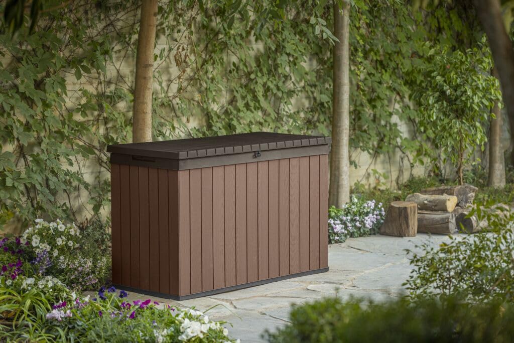 Keter Darwin Gartenbox 662L Braun – Wetterfeste Outdoor Aufbewahrungsbox in Holzoptik, abschließbarer Deckel mit Hydrauliksystem, UV-geschützt, wartungsfrei, Sitzgelegenheit für 2 Personen
