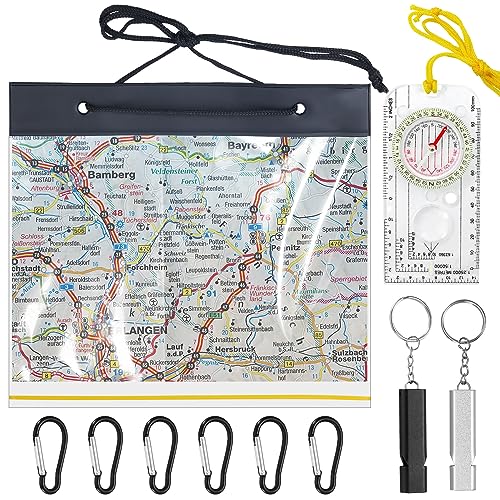 Map Case Waterproof, Map Holder, Transparent Map Cover Waterproof for Reading Map, with Navigation Compass, 6 Carabiners and 2 Whistles, for Outdoors Camping Hiking
