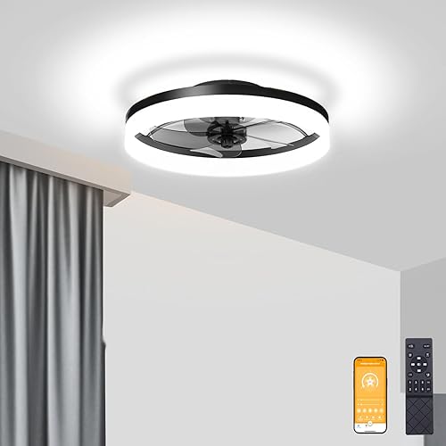 VOLISUN Ventiladores de techo de perfil bajo con luces y control remoto, ventilador de techo empotrado, 3000 K-6500 K, luz LED inteligente sin Negro