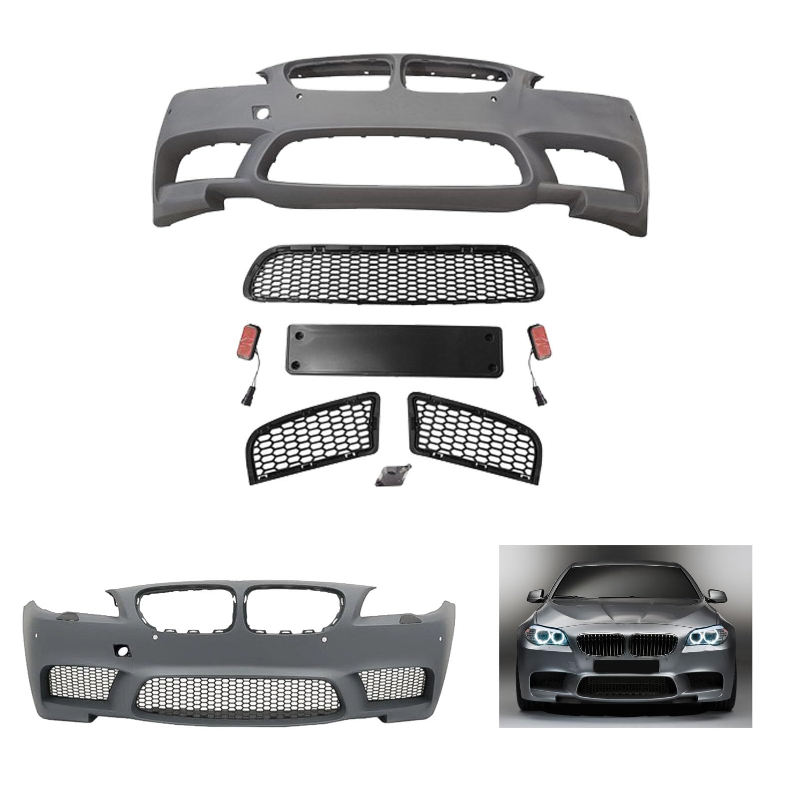 M5 Style Front Bumper Cover Compatible with 2011 2012 2013 2014 2015 2016 2017 B 5 Series Sedan 535i 528i with PDC with Sensor Cutouts Replacement Kit