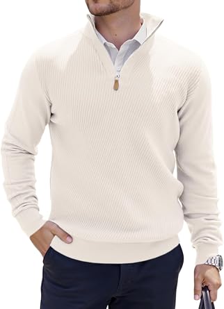 Mens Sweater Quarter Zip Pullover Men Slim Fit Long Sleeve Knitted Mock Neck Casual Cream Polo SweaterM,6-Khaki