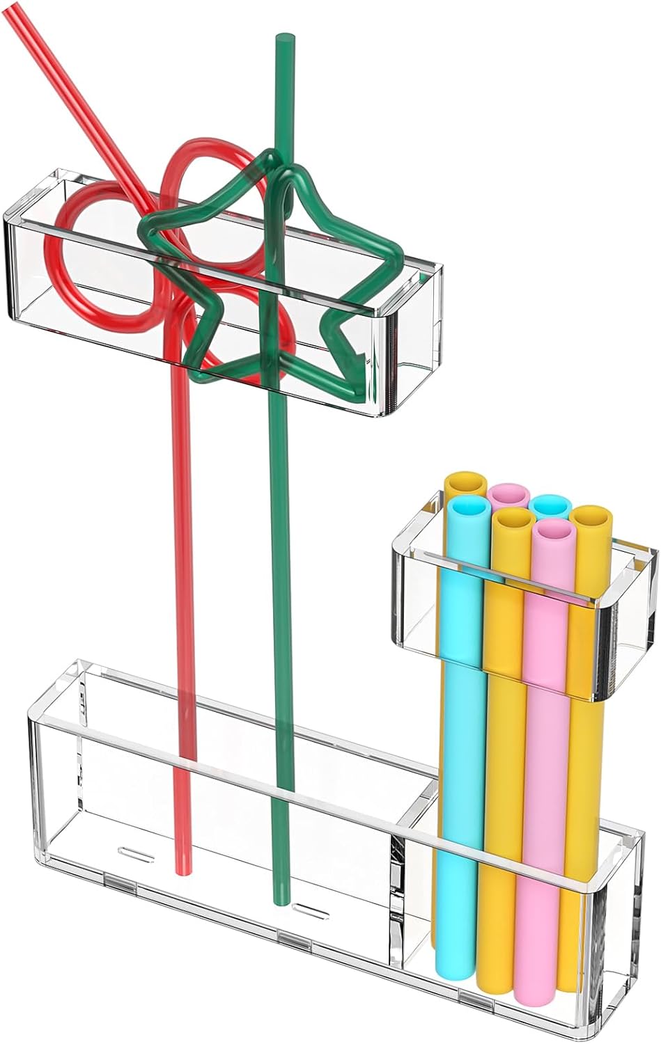 Acrylic Straw Organizer for Cabinet Door - 5.8'' Transparent Adjustable 3-Part Reusable Drinking Straw Holder Dispenser Kitchen Accessories Container Cupboard Door Mounted