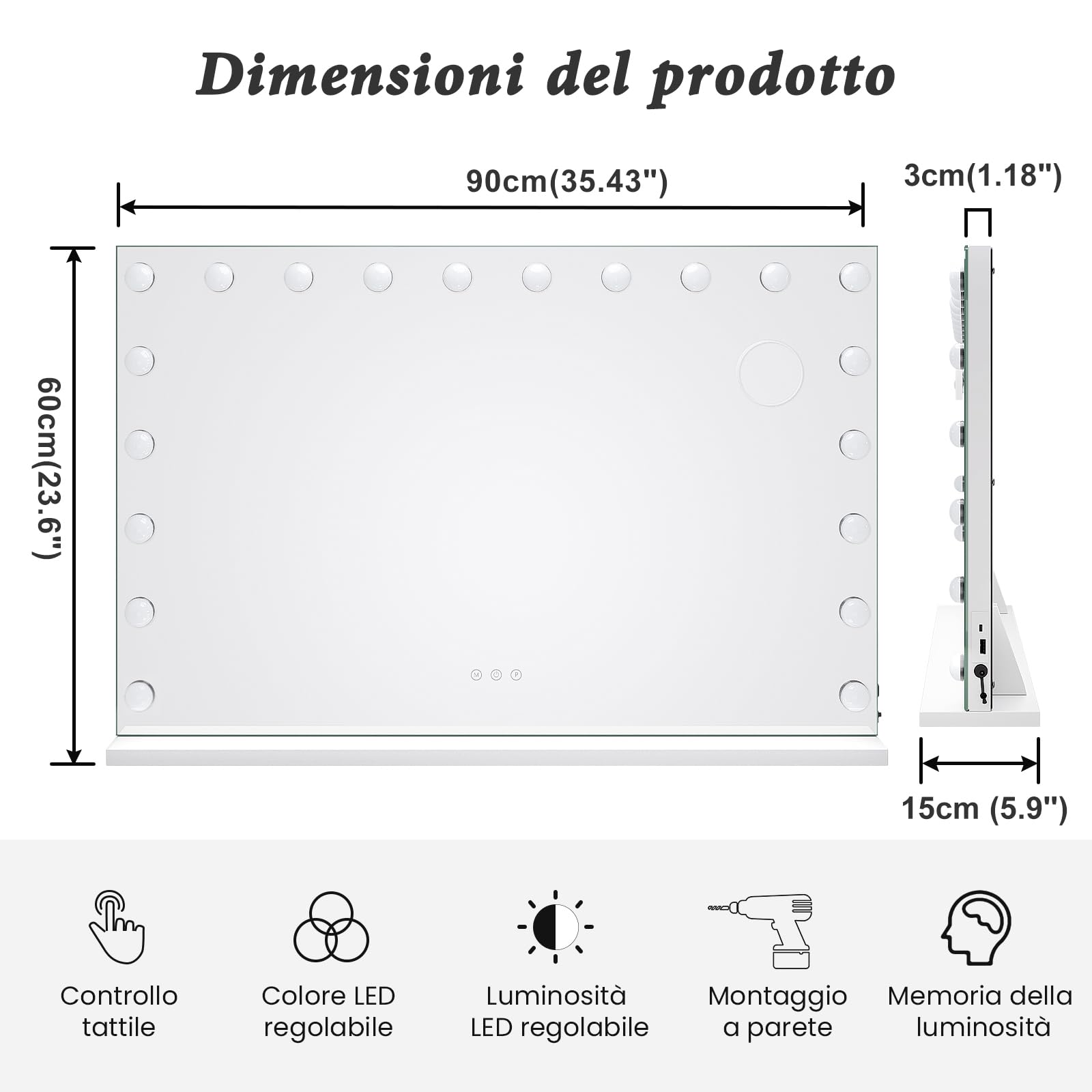 Moziel 90x60cm Specchio da Trucco Hollywood, Specchio Trucco con Luci a 20 Led Montato a Parete o sul Tavolo, 3 Colori di Luce e Funzione di Luminosità Regolabile