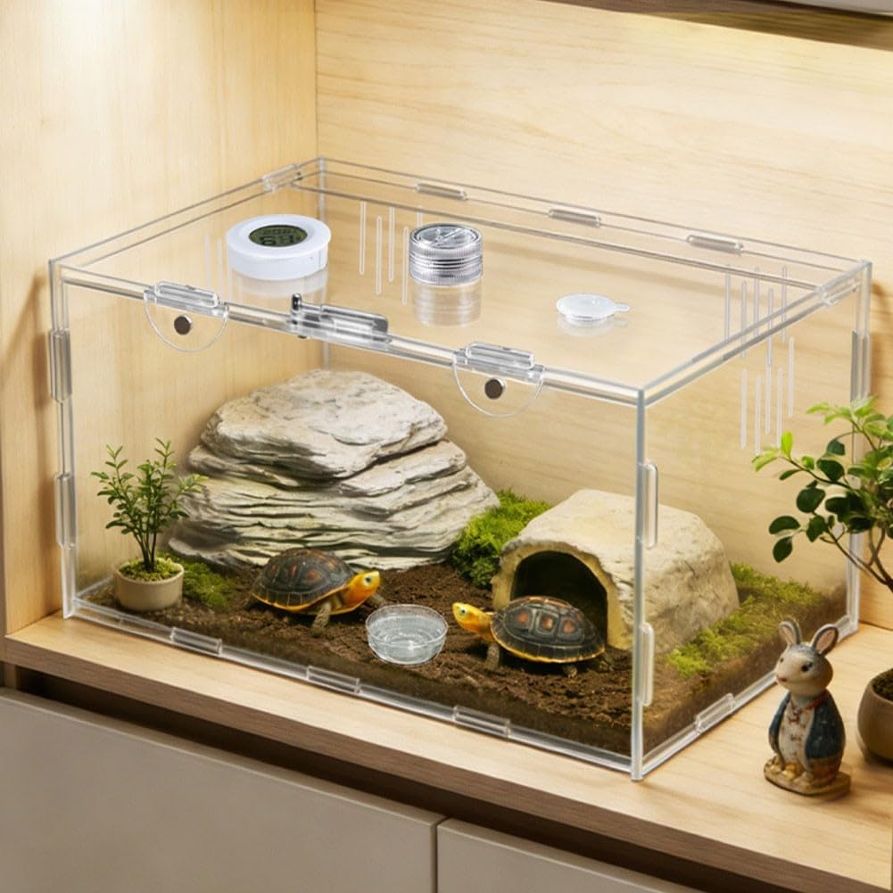 Jaula de terrario construida de acrílico con paredes transparentes, ventilación de triple lado y tapa de bloqueo para seguridad de reptiles pequeños (40 x 25 x 20 cm)