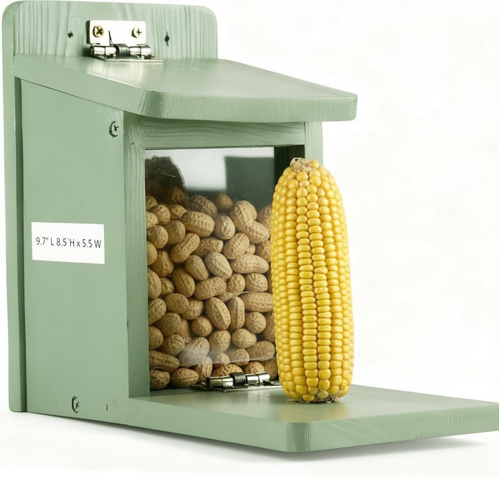 Premium Wooden Squirrel Feeder Box, Sturdy Squirrel Feeding House with Thickness 1.5CM Wood, No Assembly Required, for Backyard Outside Garden (Green)