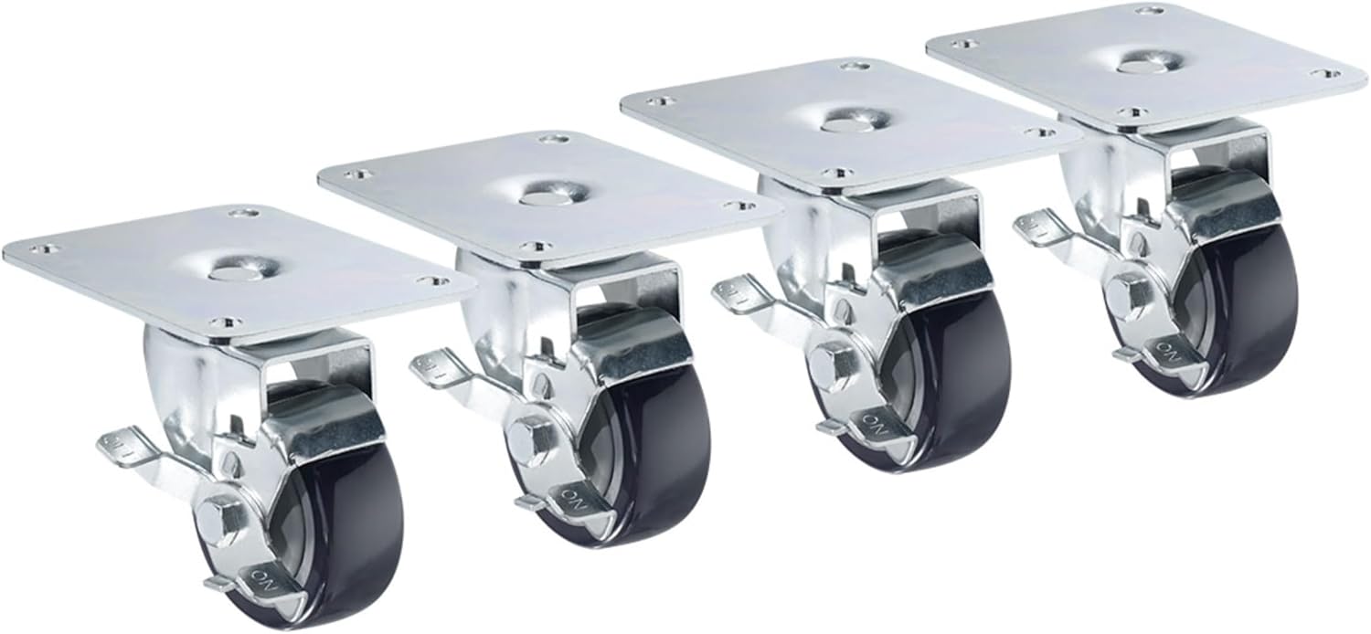 Krowne 28-170S Plate Caster Set, 4" x 5" Plate, 3" Diameter Wheel with Side Brake, 200 Lbs Load Capacity Per Caster, Set of 4