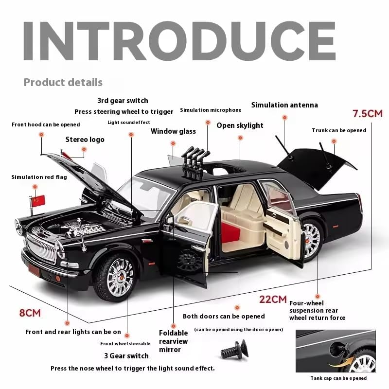 Image of 1:24 Big Hongqi Parade L5 Limousine Luxy Die-Cast Model Metal Pull-Back Car with Sound & Light and 4 Opening Doors Kids' Best Toy Vehicle Gift