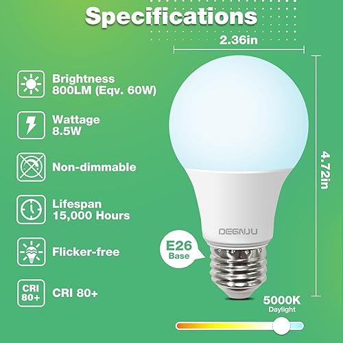 Miniatura 3 de Bombillas LED A19 de luz diurna 5000K, bombillas LED equivalentes a 60 W, 800 LM, 15000 horas, base estándar E26, no regulable, bombillas LED