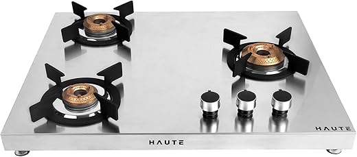 Evoque Series 3 Burner Gas Stove | 1mm Stainless Steel Body | 1 Jumbo, 1 Medium & 1 Small Burner | Doorstep Service | 8-Year Warranty by Haute Home