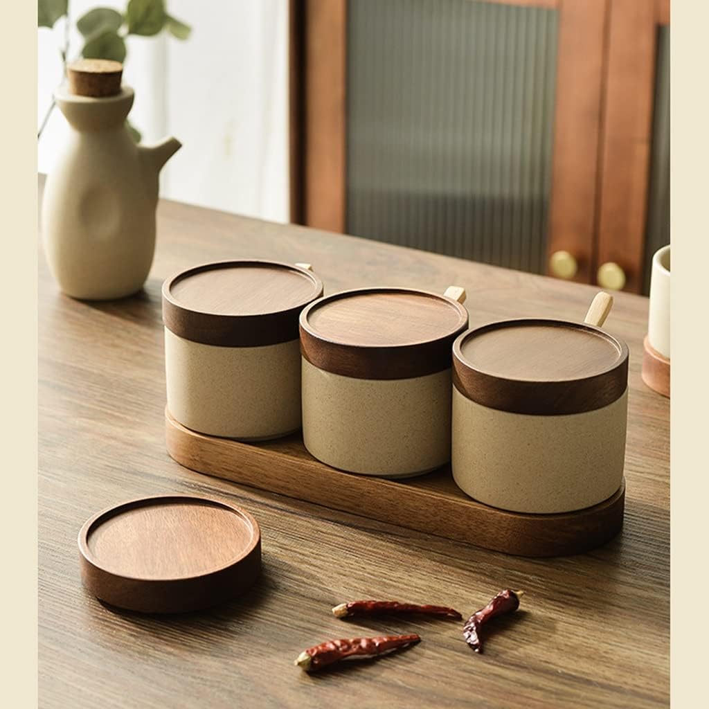 Japanese-Style Ceramic Spice Jars - Rustic Pottery Seasoning Containers with Lid, Retro Kitchen Salt & Spice Storage Box, Ideal for Home Cooking & Organization
