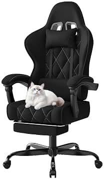 Devoko Silla Gaming Ergonómica de Tela Transpirable con Masaje Lumbar y Reposapiés Retráctil, Silla Gamer Reclinable con Muelles Ensacados y Espuma Viscoelástica, Base Metálica, 150 kg, Negro