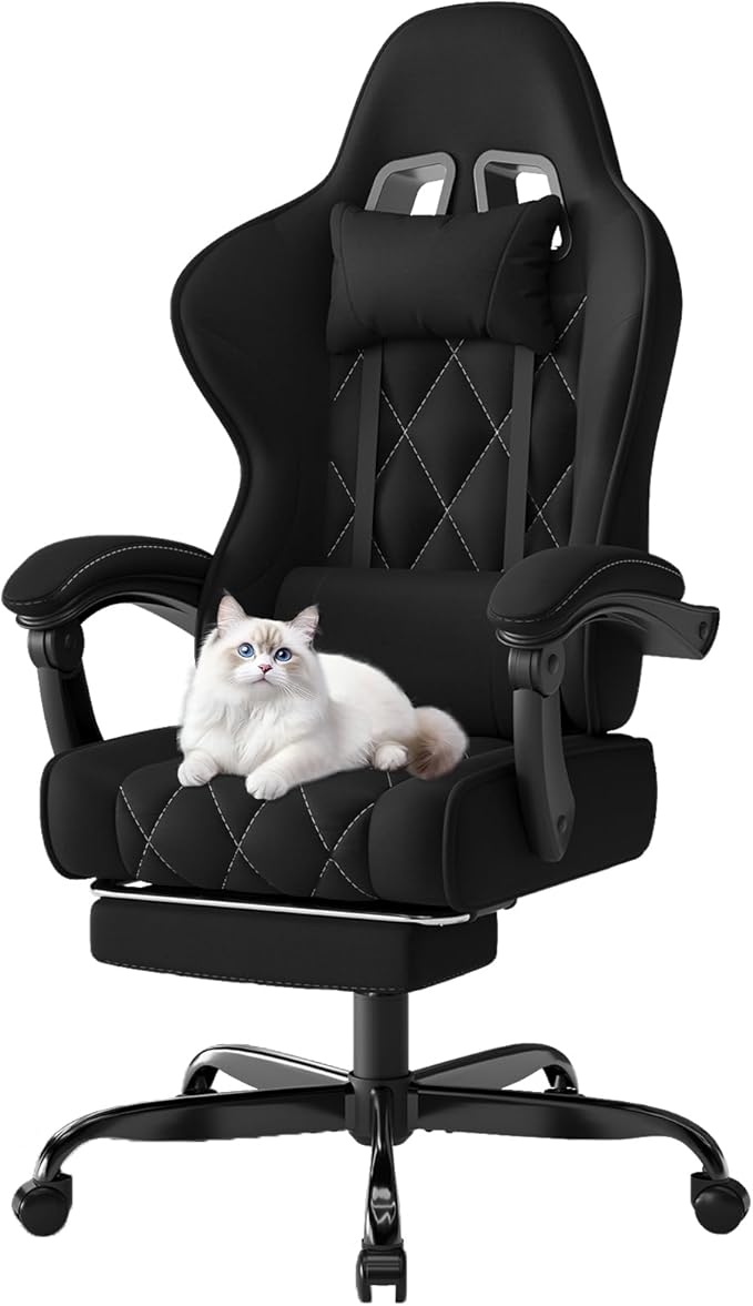 Devoko Chaise Gaming Ergonomique en Tissu, Chaise Bureau Gamer avec Repose-Pieds, Dossier Inclinable, Hauteur Réglable, Massage Lombaire, Fauteuil Gamer Respirant et Anti-Griffes pour Chat, Noir