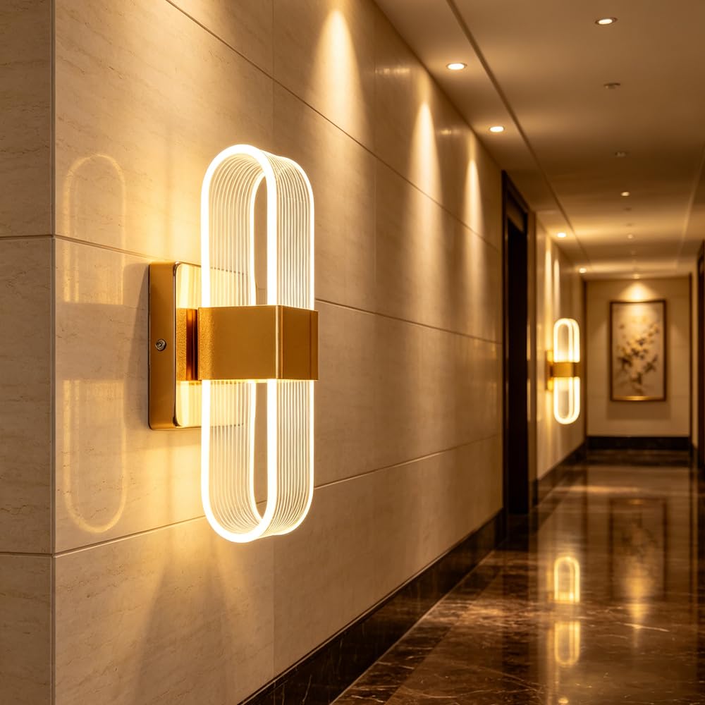 FDOIUTU LED Wall Lights Indoor Modern 12W Indoor Long Wall Lights Acrylic wall lamp 3 Color temperatures Adjustable Spot Light Night Lamp for Living Room, Bedroom, Hallway, Stairs (Gold-D)