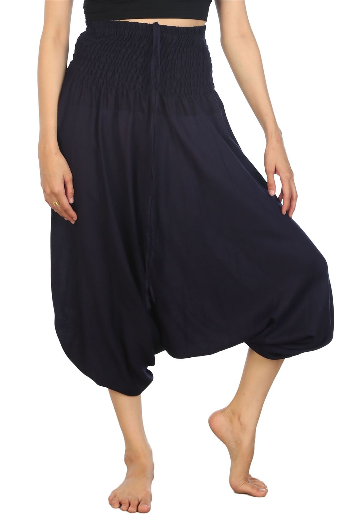 Lofbaz Women's Solid Smocked Waist 2 in 1 Harem Jumpsuit Pants Dark Blue 2XL