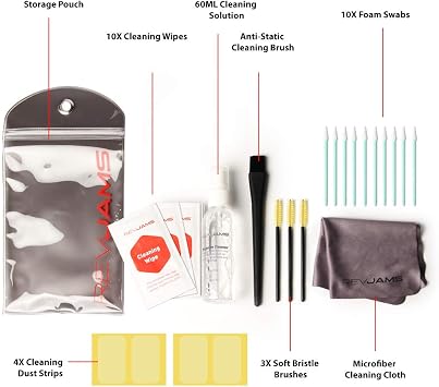 RevJams 31pc Cleaning Kit for Apple AirPods, Pro, AirPods 2 - Our Specially Formulated Cleaning Solution,Microfiber Cloth,Safe Brushes,Dust Stickers,Swabs,and More,New Version