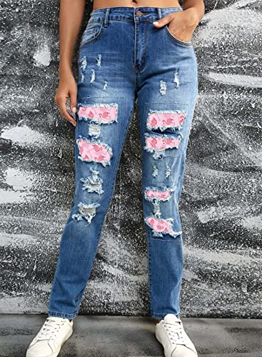 Evaless Ripped Jeans For Women Plus Size Boyfriend Distressed Patchwork Print Democracy Mom Jeans 2023 Fashion Wide Leg Losse Baggy Denim Pants With Hole Blue Xx-Large #TOP3