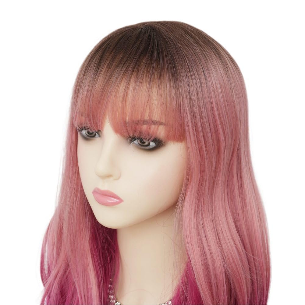 Ombre Pink Long Wig with Bangs Dark Root Curly Wavy Wigs Synthetic Heat Resistant Fiber Hair Wig for Cosplay Halloween Use（Dark Pink）